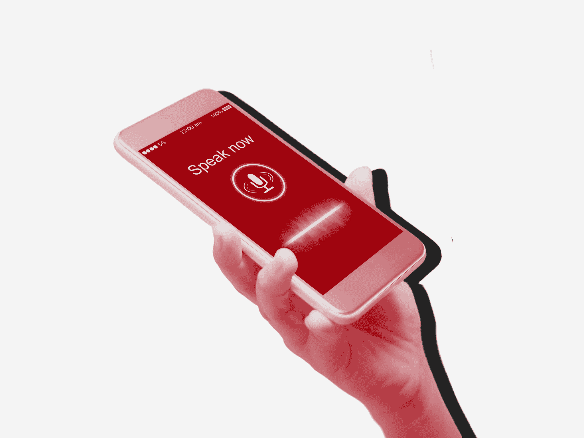 mano che regge uno smartphone con la schermata di una ricerca vocale